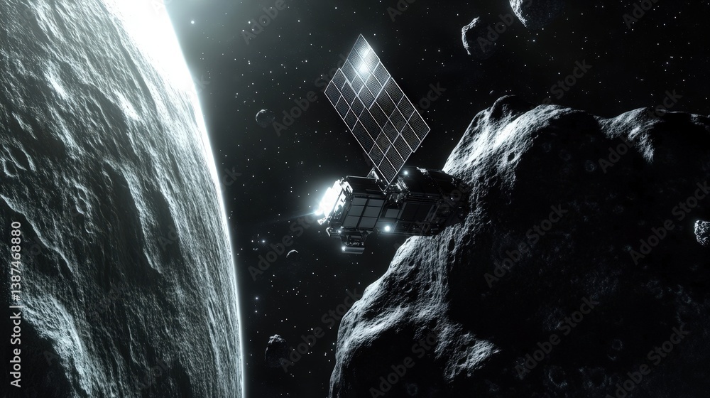 Poster a futuristic 3d animation of a spacecraft navigating through the asteroid belt between mars and jupi