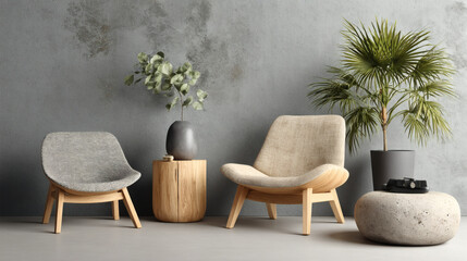 Fototapeta premium A modern indoor seating arrangement featuring two stylish chairs, a wooden stool, and potted plants against a textured wall.