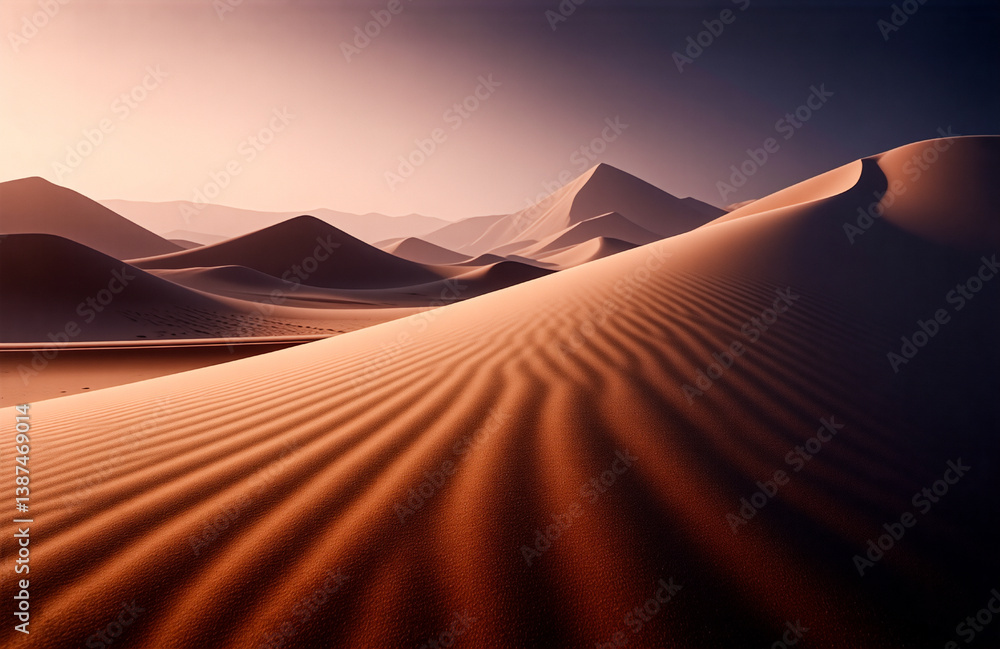 Poster a serene desert landscape displays rolling sand dunes leading to distant mountains under a gradient 