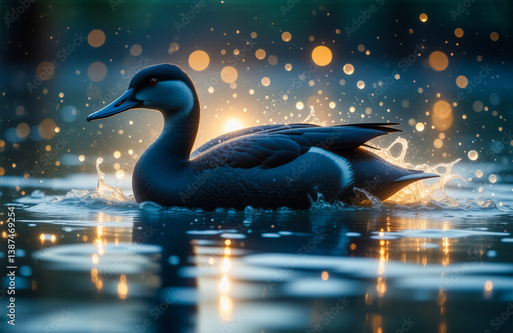 Poster a duck swims gracefully in the dark water, illuminated by bokeh lights creating a magical, serene ni