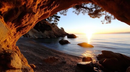 Sunrise coastal cove through a rock arch