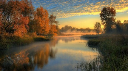 Autumn Serenity: Misty River at Sunrise