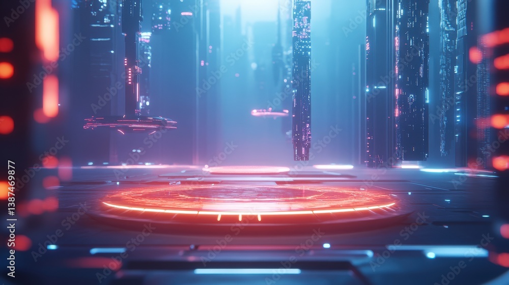 Poster futuristic 3d floating platform ground with a hovering effect in a digital world.
