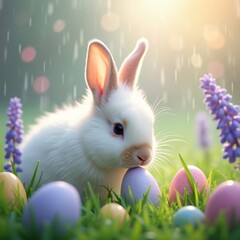 Fototapeta premium Adorable Easter Bunny Rabbit in Spring Grass with Pastel Eggs