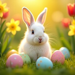 Fototapeta premium Adorable White Easter Bunny Surrounded by Colorful Easter Eggs in a Sunny Spring Garden