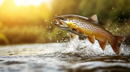 Obraz premium Trout jumping out of river water, splashing.