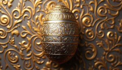 Ornate Golden Egg Decorated with Intricate Filigree Design on a Luxurious Gray Background