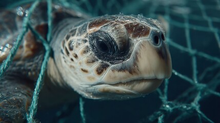 Fototapeta premium Close up of a sea turtle entangled in a fishing net underwater.