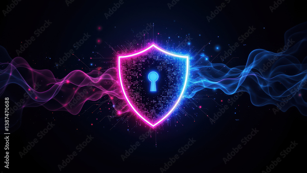 Poster a stylized graphic representation of a shield with a digital lock icon, symbolizing cybersecurity an