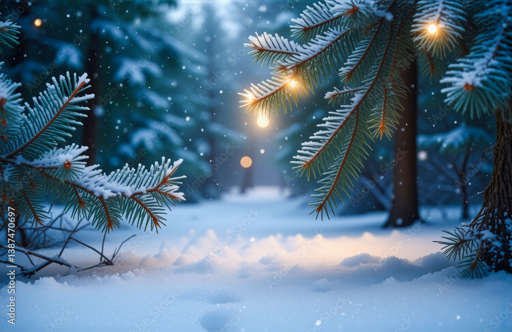 Poster a snowy winter forest scene with pine trees adorned with warm glowing lights. a peaceful and magical