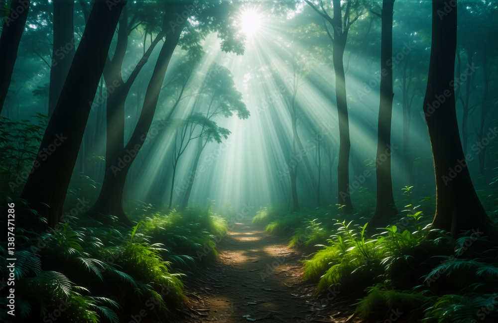 Poster sun rays filter through a dense forest canopy, illuminating a winding path. lush green foliage and t