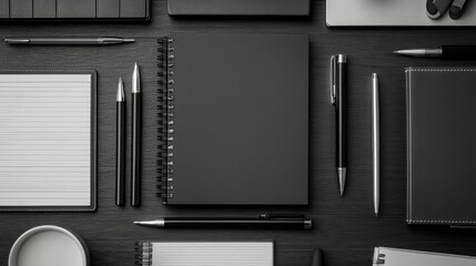 Obraz premium Monochrome office supplies arranged aesthetically on a dark wood table in a sleek office.