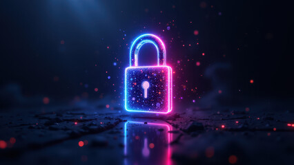 A vibrant glowing padlock with a dark cybernetic background symbolizing data encryption and cybersecurity.