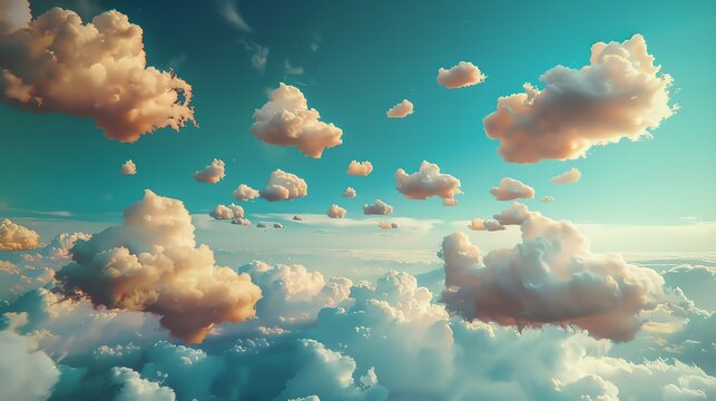 Amazing view of the clouds from above. The clouds are fluffy and look like cotton. The sky is blue and clear. The sun is shining brightly.