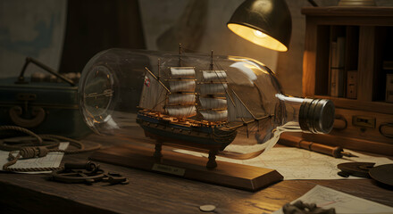 Detailed Miniature Ship In A Bottle On Wooden Desk
