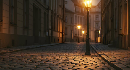 Obraz premium Empty Cobblestone Street At Night In Old European City