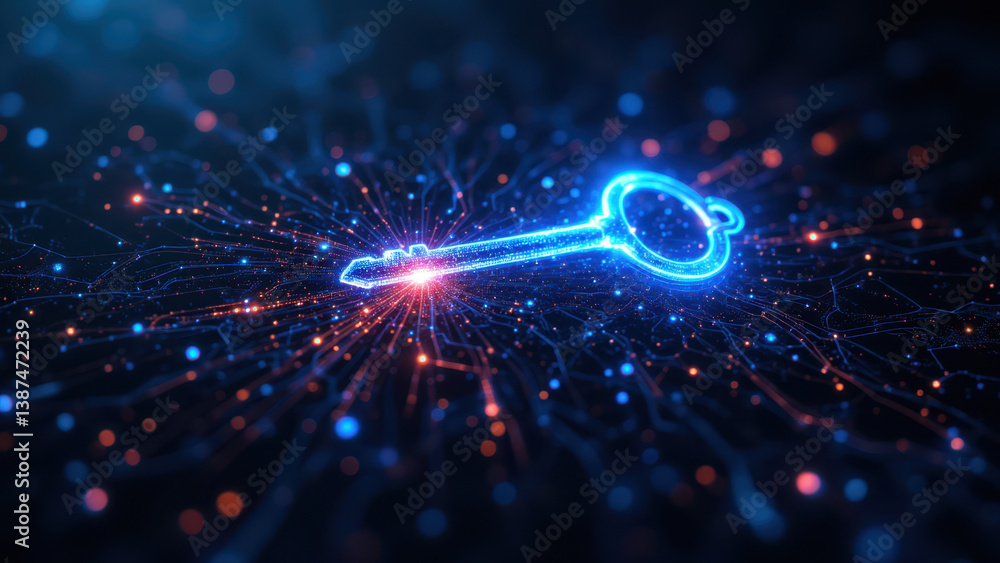 Poster cybersecurity key icon with digital network glow effect