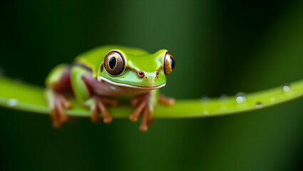Naklejka premium A captivating macro shot of a bright green tree frog perched gracefully on a vibrant green leaf, highlighting its intricate details and unique features in a natural setting