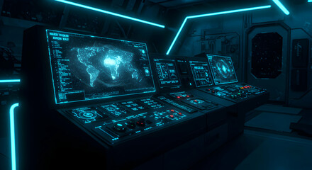 Futuristic Control Panel With Glowing Screens