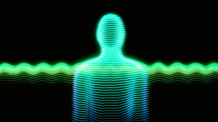 A glowing silhouette of a person appears against a dark background, featuring vibrant, wavy lines that create a sense of depth and motion.