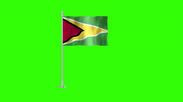 Flag of Guyana, Pole flag of Guyana on Green screen chroma key, Guyana 3D Animation flag waving in the wind isolated on Green Background. 
