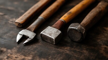 Vintage carpentry tools arranged on a dark wooden surface