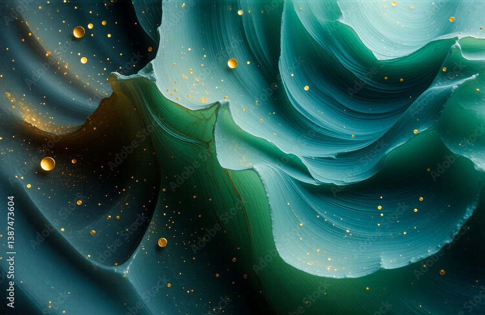 Aufkleber Abstract flowing background with waves of blue and green colors. Golden sparkles are scattered across the surface, creating a textured and dynamic visual.