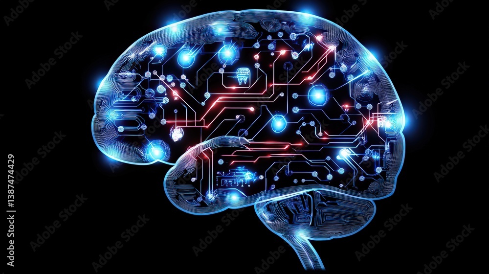 Poster a futuristic ai concept featuring a glowing human brain interface with circuits and neural connectio