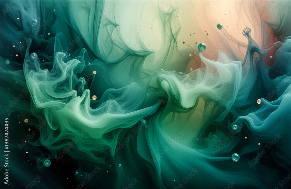 Poster an abstract swirl of emerald green, teal, and soft yellow hues creates a dreamy, fluid motion with b