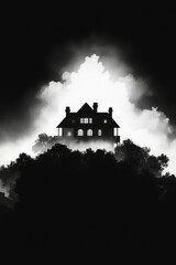 Silhouette of a spooky house on a hill at night with fog for horror themes
