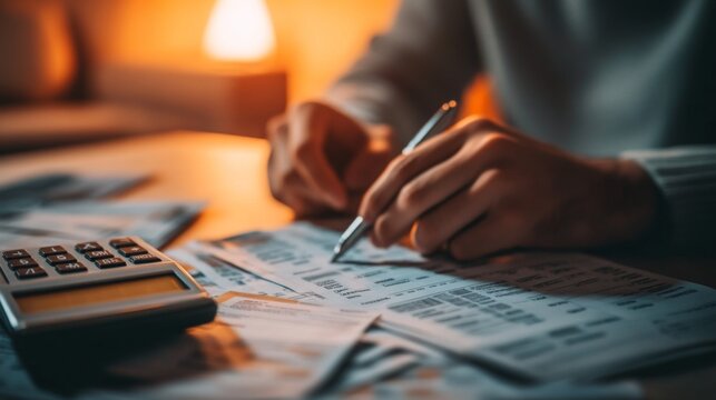 A focused person diligently working on financial documents with a calculator, embodying a sense of intent and purpose in handling personal or professional finances.