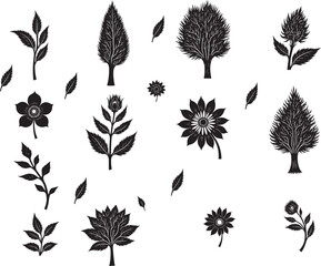 Naklejka premium set of leaves and tree silhouettes