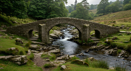 Ancient Stone Arch Bridge Over Stream In Rural Landscape