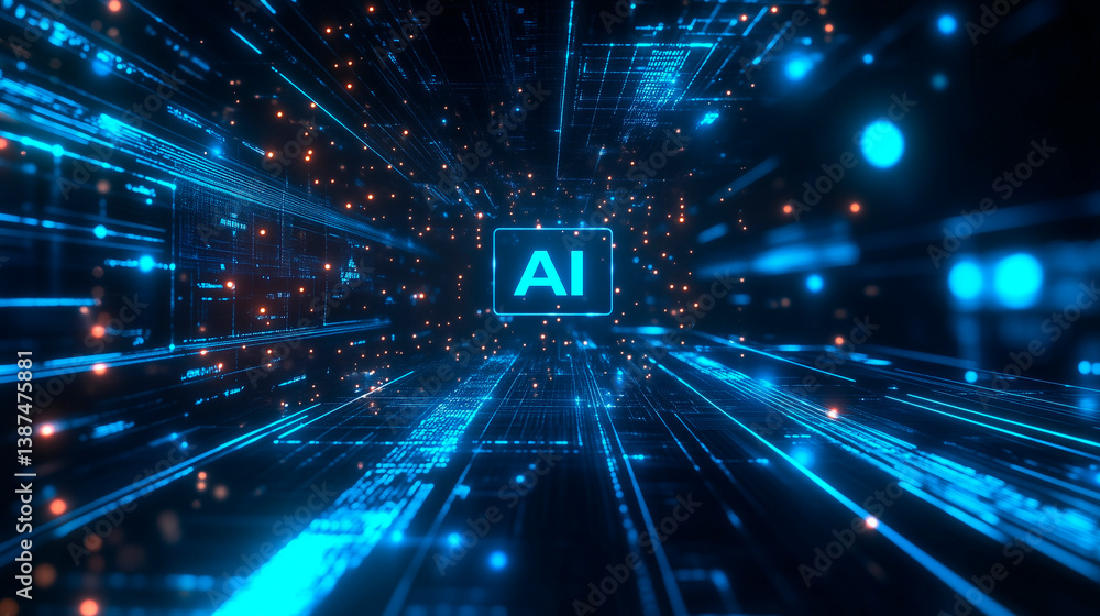 Wall mural abstract futuristic digital background with blue glowing lights and the word 