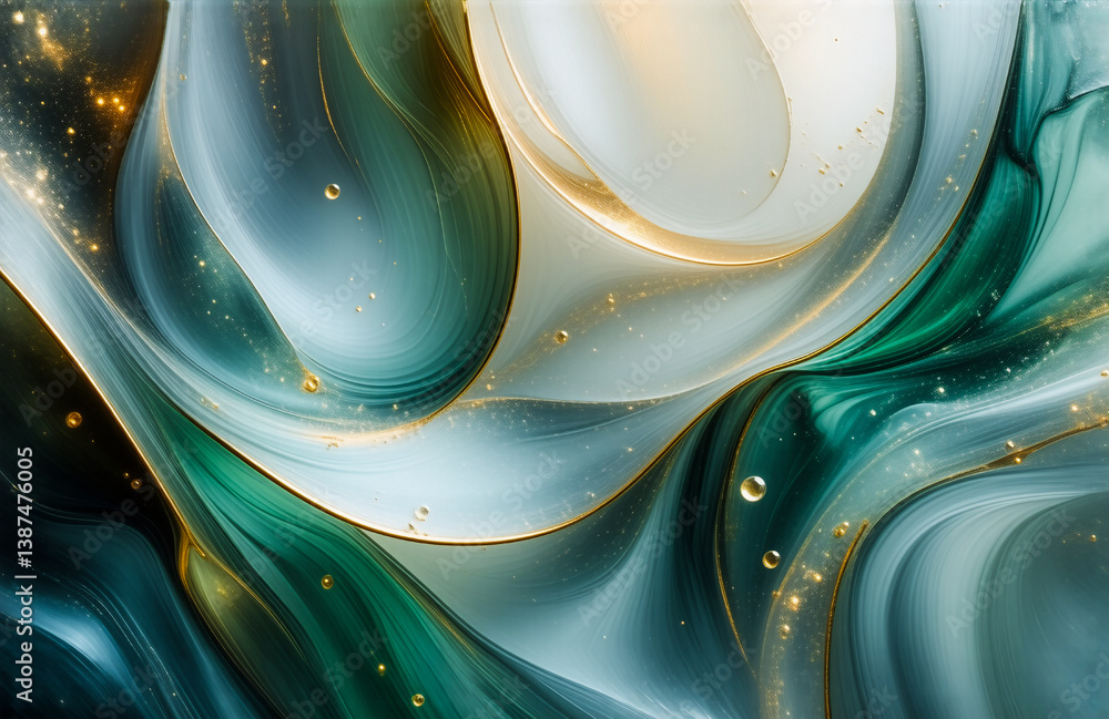Poster an elegant abstract background featuring flowing swirls of green, blue, and white, accented with sub