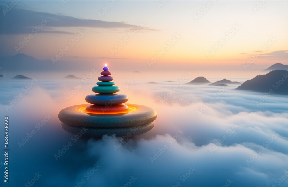 Poster a vibrant, stacked circular structure floats above a sea of clouds with distant mountains under a wa