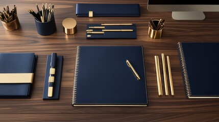 Sophisticated navy and gold office supplies neatly laid out on a sleek wooden desk.