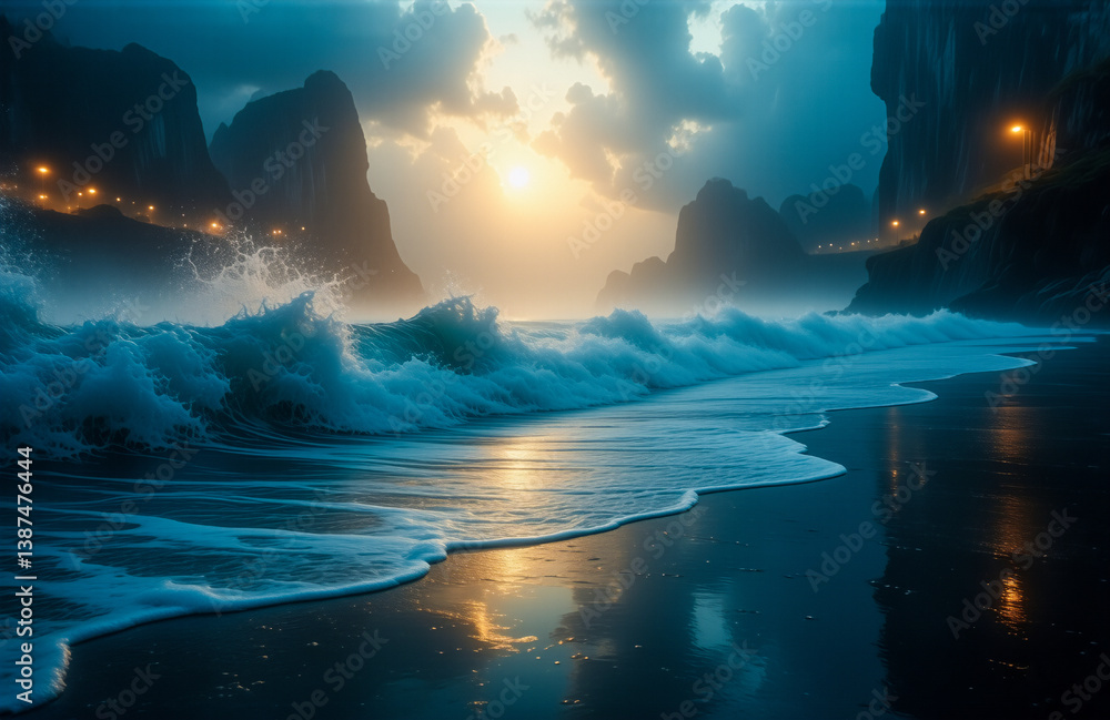 Poster moody ocean waves crash on a dark beach at sunset. rocky cliffs with lights frame the scene under a 