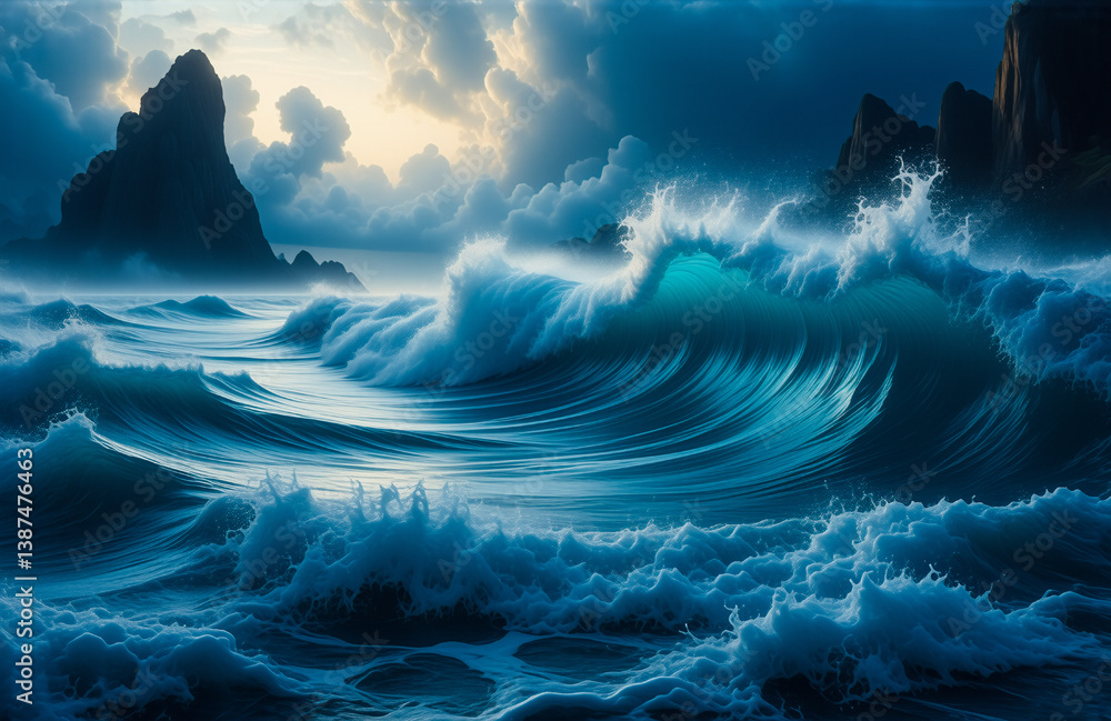 Poster dramatic ocean waves powerfully crash against dark rocky cliffs under a cloudy sky. a deep blue sea 