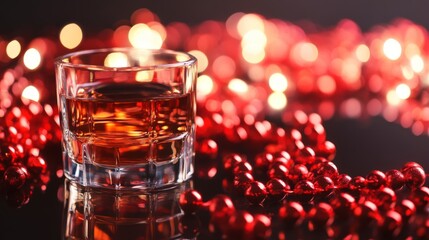 A stunning glass of amber liquor is elegantly positioned with sparkling beads around it, evoking a sense of celebration during the holiday season with warm bokeh lights.