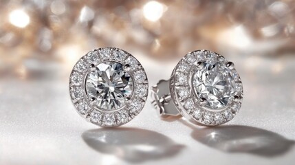 Stylish earrings with round-cut diamonds, illuminated under soft studio lighting.