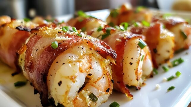 An appetizing platter of bacon-wrapped shrimp rolls, showcasing a delectable combination of flavors and textures that tantalize the taste buds and are sure to impress at any gathering.