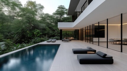 Fototapeta premium Modern luxury home exterior with pool and deck. Lush greenery surrounds a contemporary residence, showcasing a spacious outdoor living area