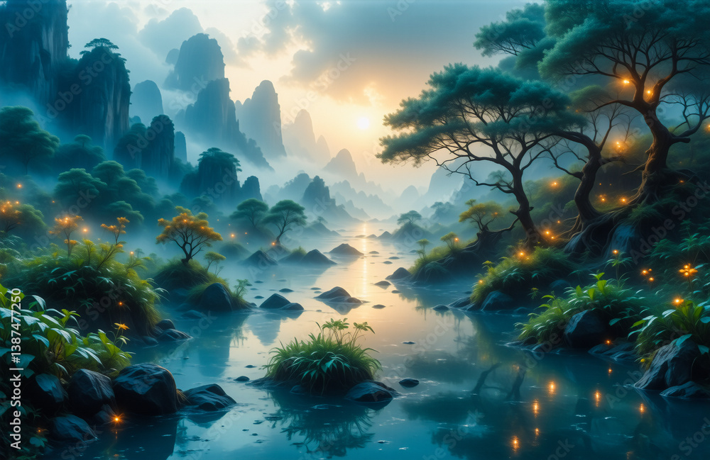 Poster a misty river winds through a lush mountain valley, illuminated by a soft, ethereal light. trees and