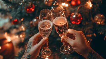 Two elegantly filled glasses of sparkling wine are clinked together, signifying celebration and joy against a beautifully decorated Christmas backdrop, radiating warmth.
