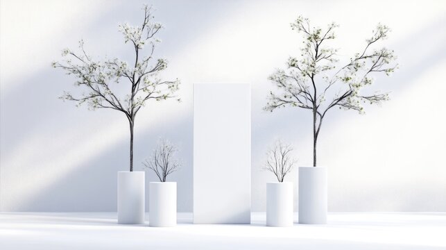 Two flowering trees in white cylindrical pots sit on a white surface, flanking a taller white rectangular block. Smaller, leafless trees are positioned in front. The image is digitally rendered, exhib
