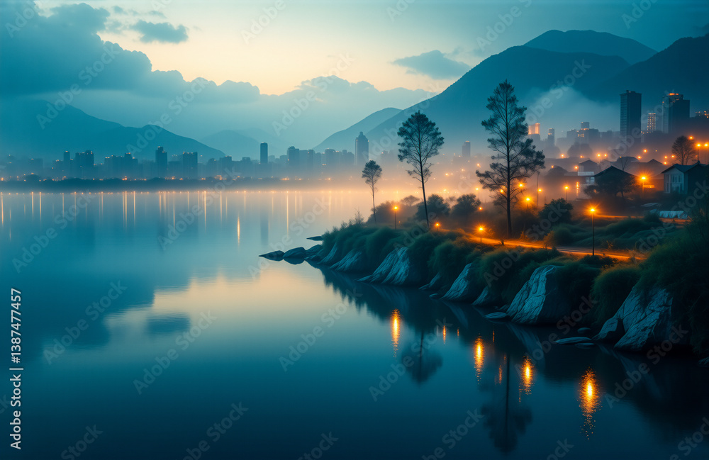Poster calm water mirrors city lights at twilight, under a cloudy sky and mountain backdrop. trees line the