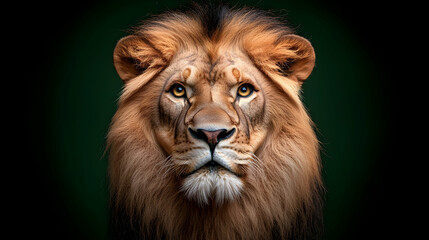 Fototapeta premium Majestic Lion Portrait Against Dark Green Background
