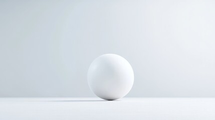A perfect white sphere rests on a minimalist white surface. The image is simple, clean, and high-resolution. Soft, even lighting creates a serene mood. The monochrome palette evokes purity and simpl