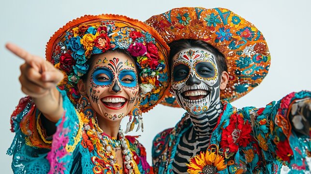 Colorful Day of the Dead couple pointing